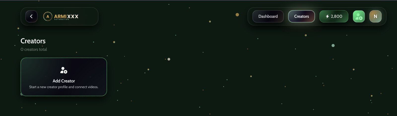 The Creators page with the Add Creator card and the green add-creator button in the header