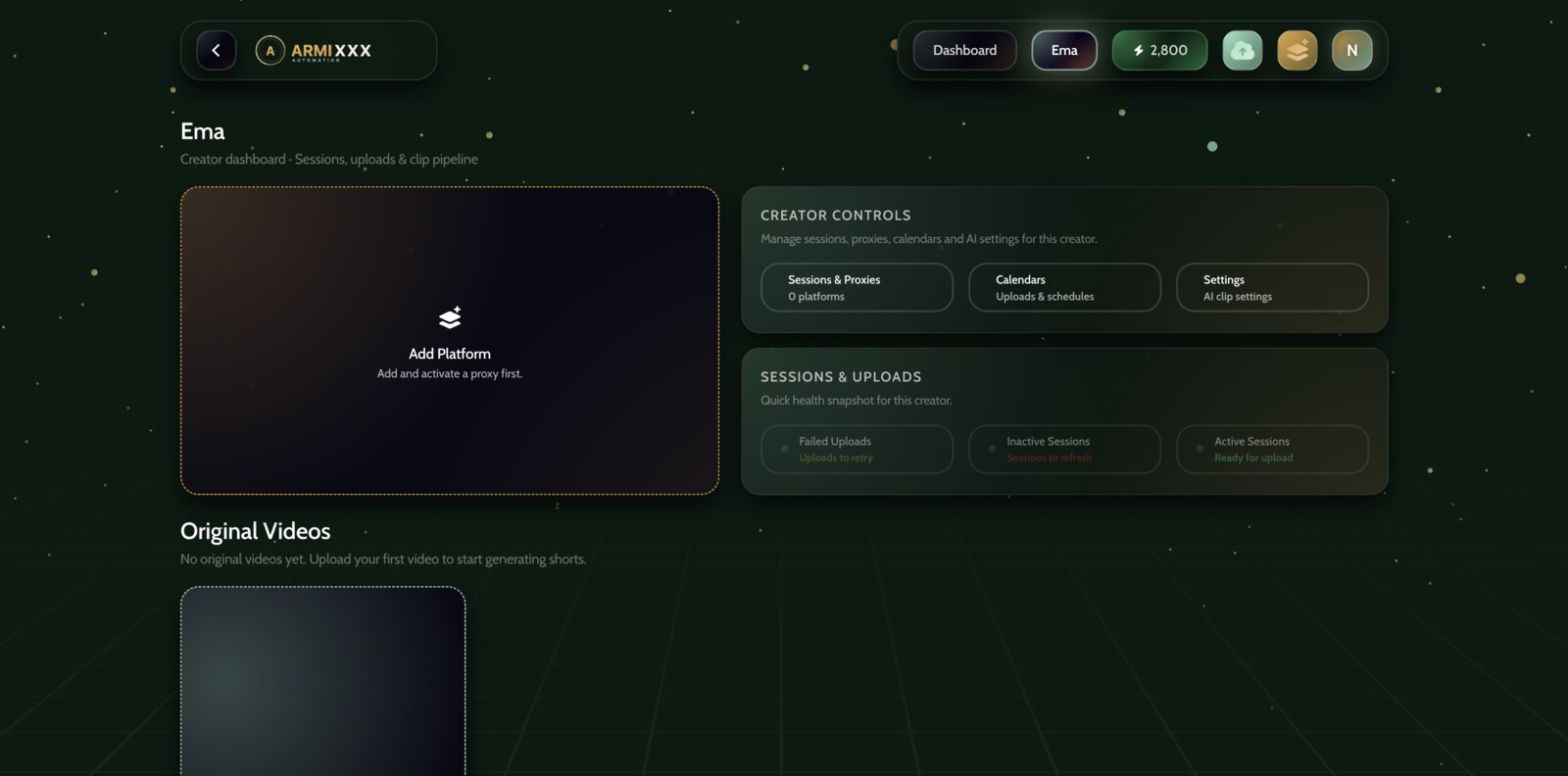 Creator page with the Sessions and Proxies panel open on the Proxies tab