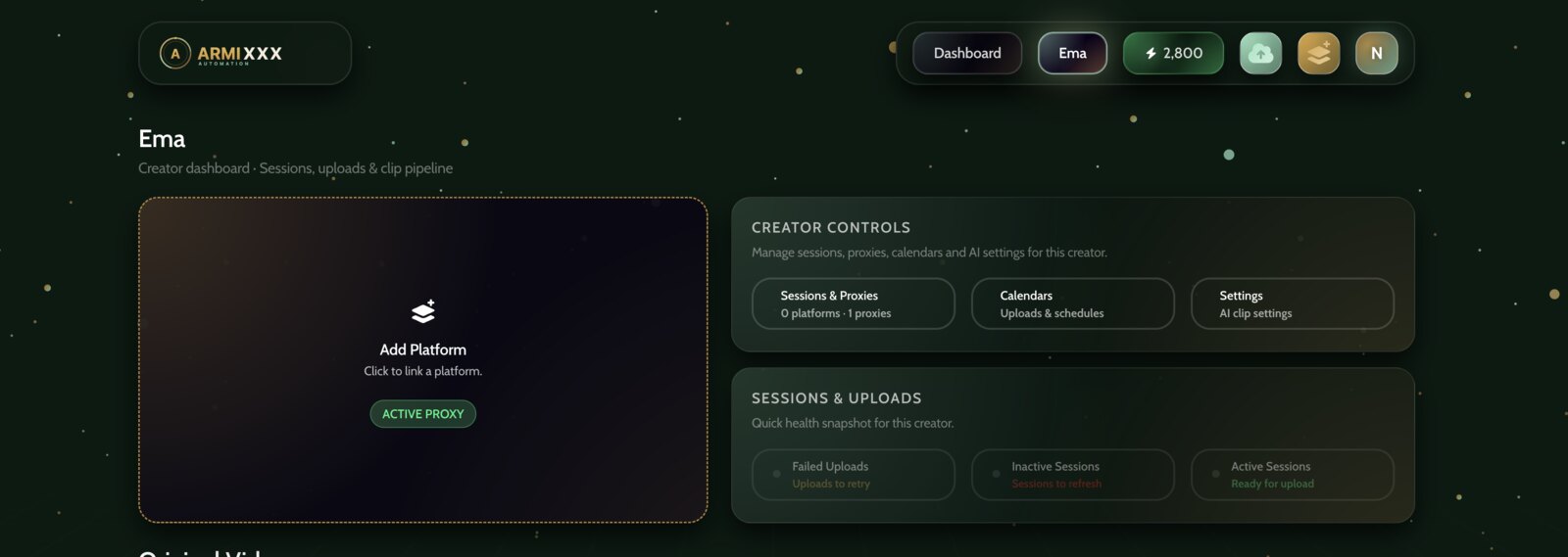 Creator page after the proxy was activated, showing the Active Proxy badge on the Add Platform card