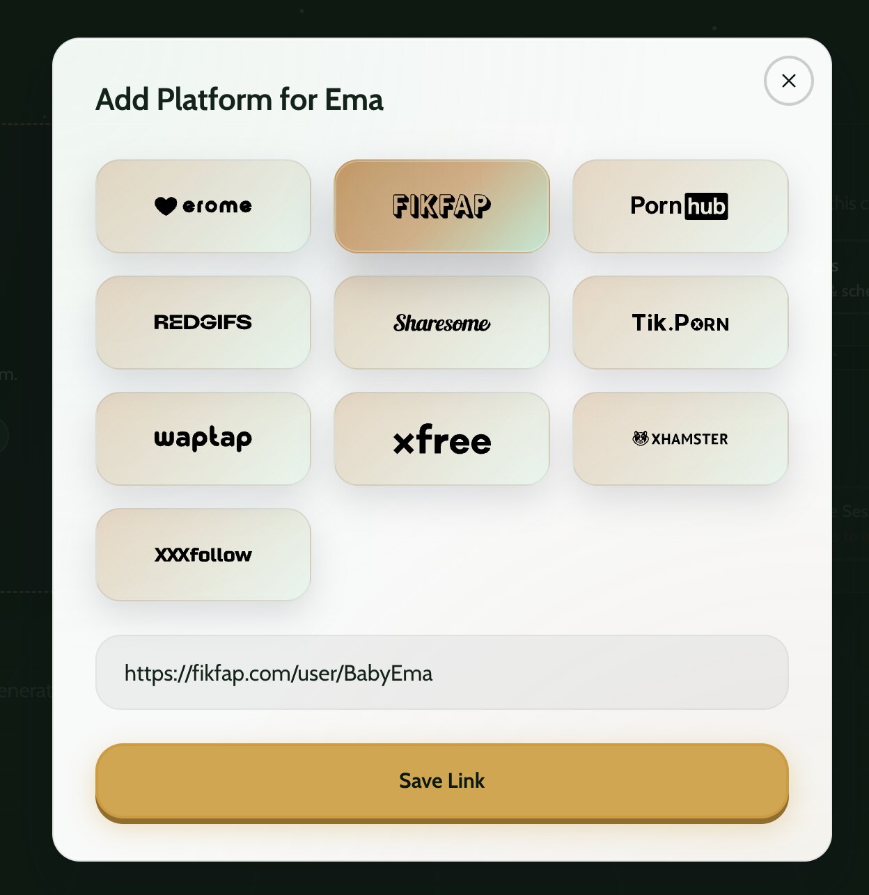 The Add Platform dialog listing all supported platforms, with FikFap selected and a profile URL filled in