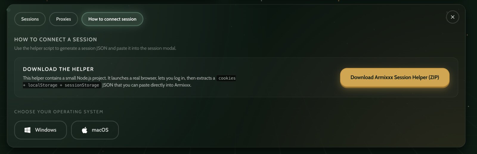 The How to connect session tab with the download button for the Armixxx Session Helper and Windows / macOS selectors
