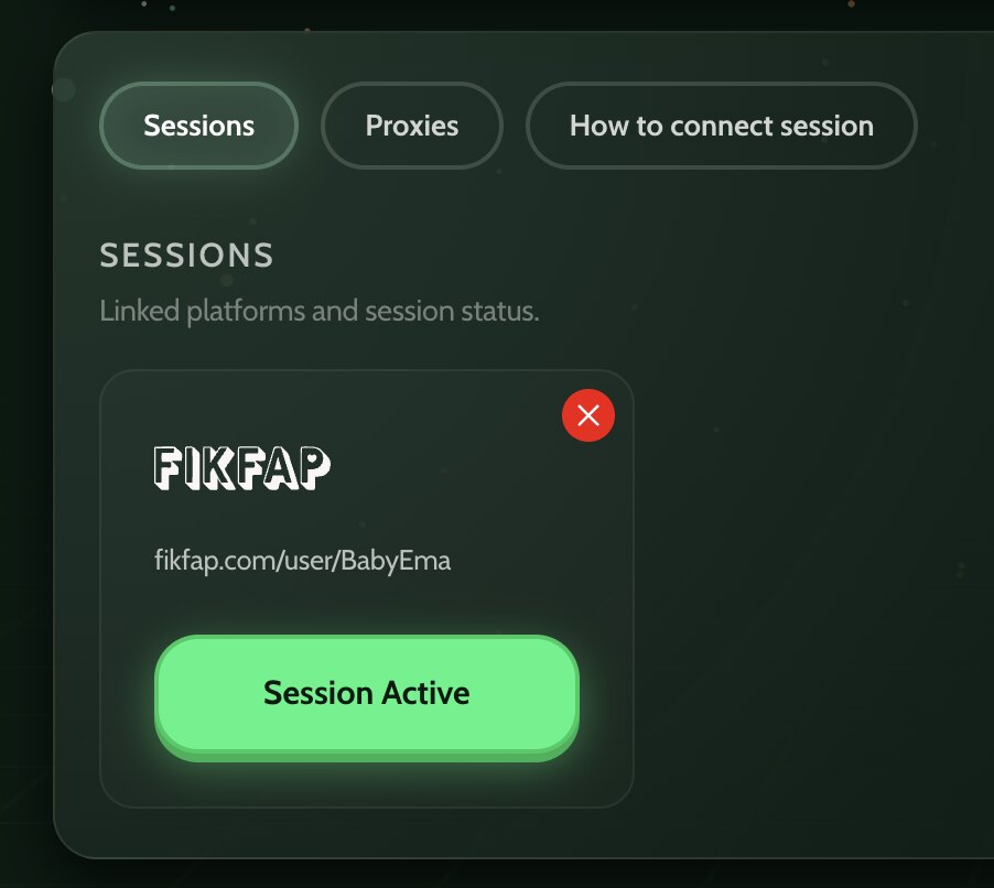 The Sessions tab showing the FikFap platform card with a green Session Active button