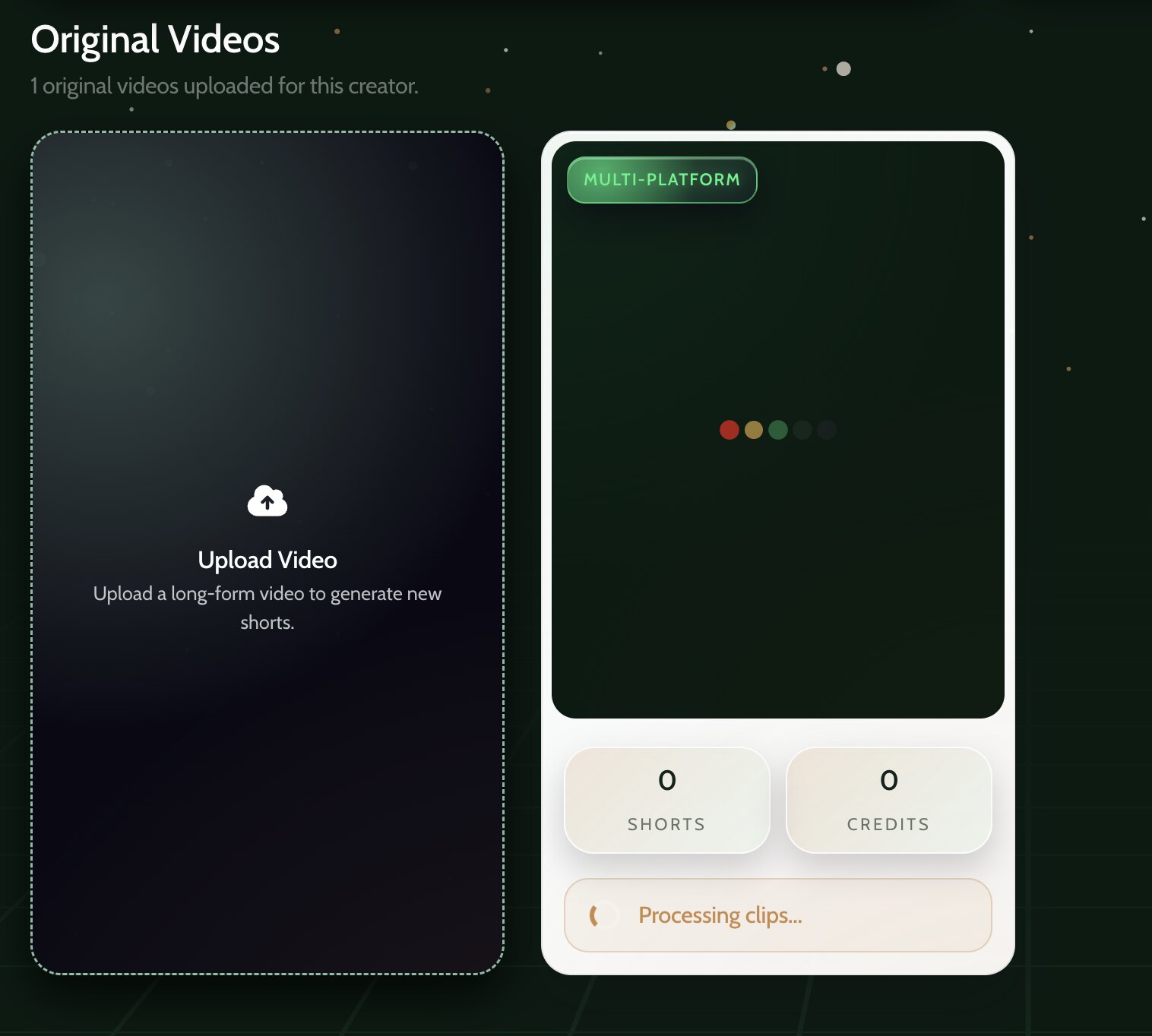 The Original Videos section with the Upload Video card and a freshly uploaded video being processed into clips