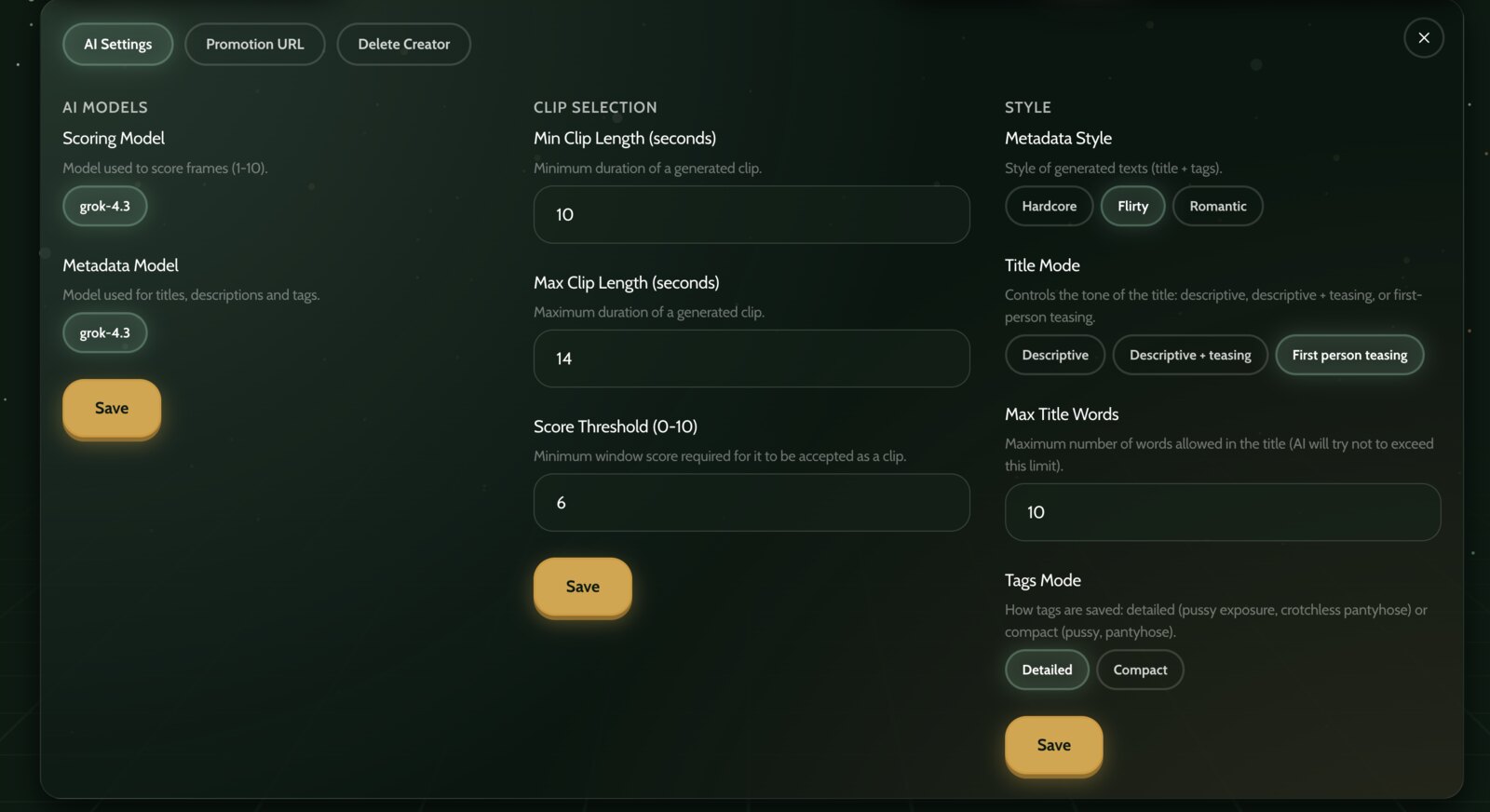 The AI Settings panel with three columns: AI models, clip selection and style